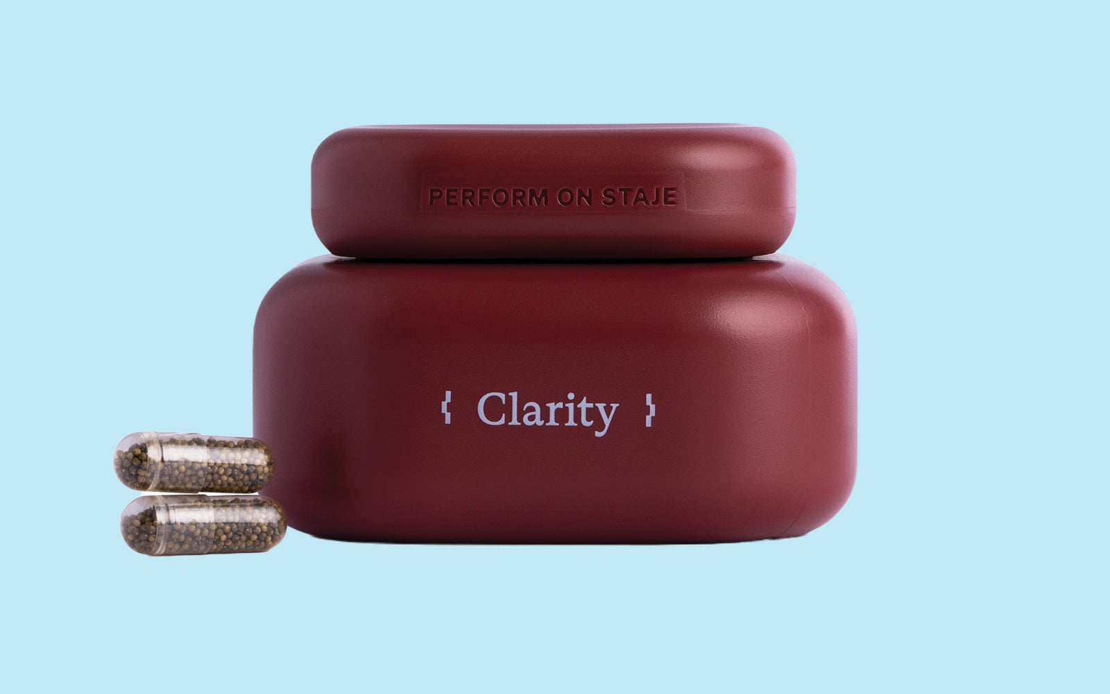 Red Clarity product with a blue background